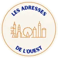 Les Adresses de l'Ouest, retour à l'accueil. Logo : un rond crème au liseré orange, le nom en bleu marine et des silhouettes d'immeubles lyonnais en orange.