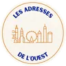 Logo Les Adresses de l'Ouest : un rond crème au liseré orange, le nom en bleu marine et des silhouettes d'immeubles lyonnais en orange.